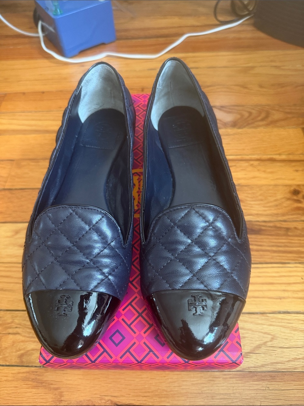 Tory Burch Quilted Navy Leather Loafers with Patent Cap Toe